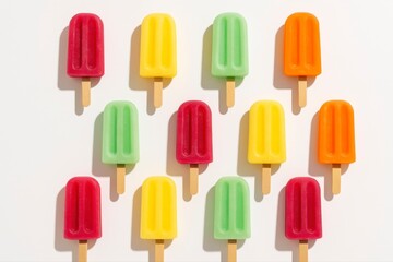 Arrangement of colorful ice pops on sticks against a white background