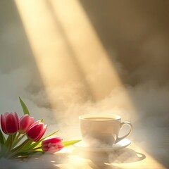 A cup of coffee a nd tulips set against a blurred spring background, depicted in dynamic with  generative ai