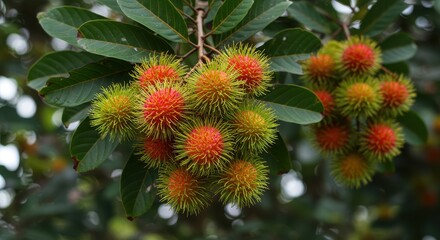 Vibrant Cluster of Spiky Fruits on Lush Green Tree Branch Under Natural Light