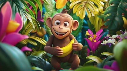 Smiling Animated Monkey Holding a Banana In a Jungle Setting