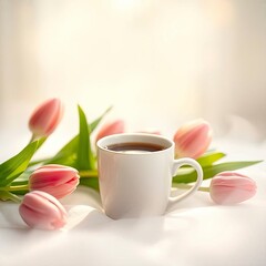 A cup of coffee a nd tulips set against a blurred spring background, depicted in dynamic with  generative ai