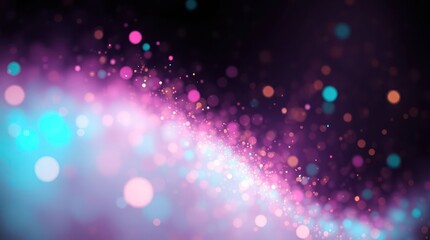Colorful bokeh light particles in vibrant pink, blue, and purple hues creating a dreamy, abstract, festive background with a sense of magic and celebration