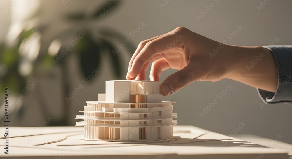 Poster a person's hand interacts with a miniature architectural model under warm lighting. it depicts a bui