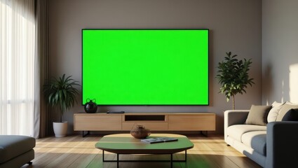 Wide shot of a cozy modern living room with a large green screen TV mounted on the wall. Soft sunlight filters through sheer curtains. Wooden floor, fabric sofa, and coffee table in view. Clean lighti