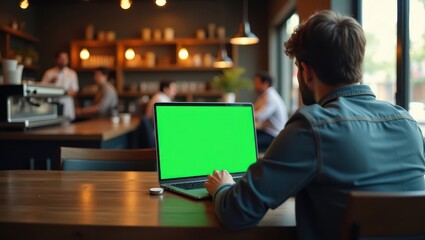 Over-the-shoulder shot from a customer sitting at a wooden table in a cozy cafe, looking at a green screen laptop or tablet in front of them. Background shows barista counter, espresso machine, and ha