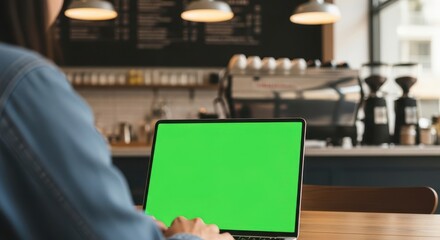 Close-up shot of a green screen tablet or wall-mounted screen placed on a modern kitchen counter, with details like ceramic tiles, cooking tools, and natural morning light. Light reflections on stainl