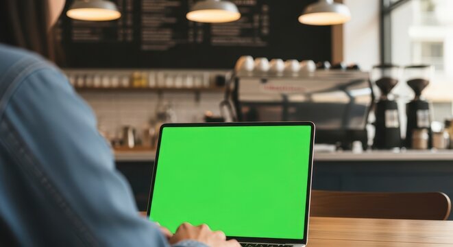 Close-up shot of a green screen tablet or wall-mounted screen placed on a modern kitchen counter, with details like ceramic tiles, cooking tools, and natural morning light. Light reflections on stainl