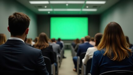 Fototapeta premium Point-of-view shot from the back of a seminar room, looking toward a large green screen at the front wall. Attendees sitting in front, classroom atmosphere. Shallow depth of field adds cinematic focus