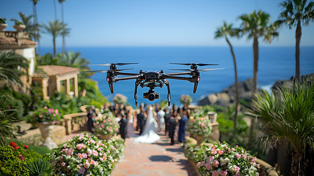 Aerial drone films coastal wedding ceremony