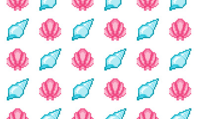 Seamless Pixel Art Seashell Pattern, Cute Pink and Blue Summer Design for Wallpapers and Crafts