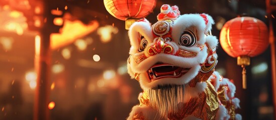 Festive lion dance costume in warm glow