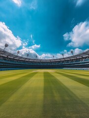 panoramic view of an empty cricket stadium with the pitch - ai