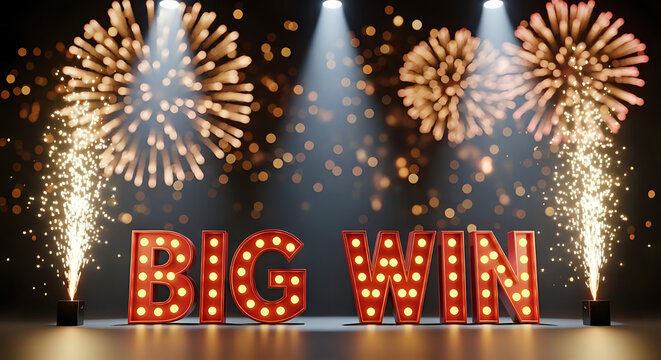 Illuminated big win sign with fireworks and spotlights on a dark bokeh background celebration