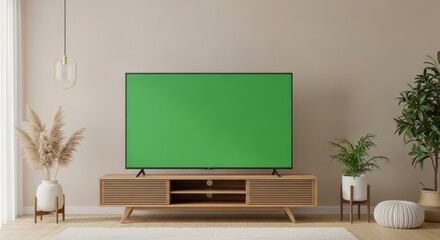 Wide shot of a cozy modern living room with a large green screen TV mounted on the wall. Soft sunlight filters through sheer curtains. Wooden floor, fabric sofa, and coffee table in view. Clean lighti