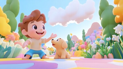 Fototapeta premium A joyful cartoon boy and dog playing in a colorful flower garden