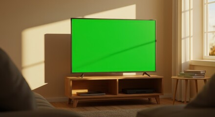 Wide shot of a cozy modern living room with a large green screen TV mounted on the wall. Soft sunlight filters through sheer curtains. Wooden floor, fabric sofa, and coffee table in view. Clean lighti