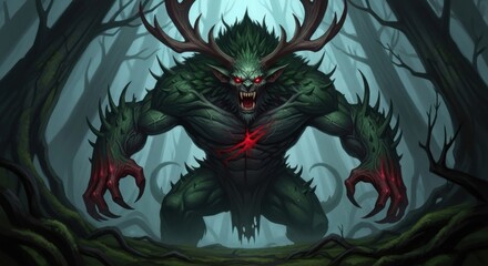 Terrifying Forest Monster with Antlers and Sharp Claws Roaring in a Dark Woodland