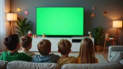 A highly realistic photo of four young children watching a large green screen TV in a cozy, softly lit living room. The children are sitting on a couch with their backs facing the camera — two boys we