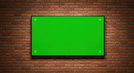 A realistic widescreen flat TV mounted on a red-brown brick wall. The television screen displays a clean, vivid green screen (chroma key) ready for compositing. The bricks are arranged in a horizontal