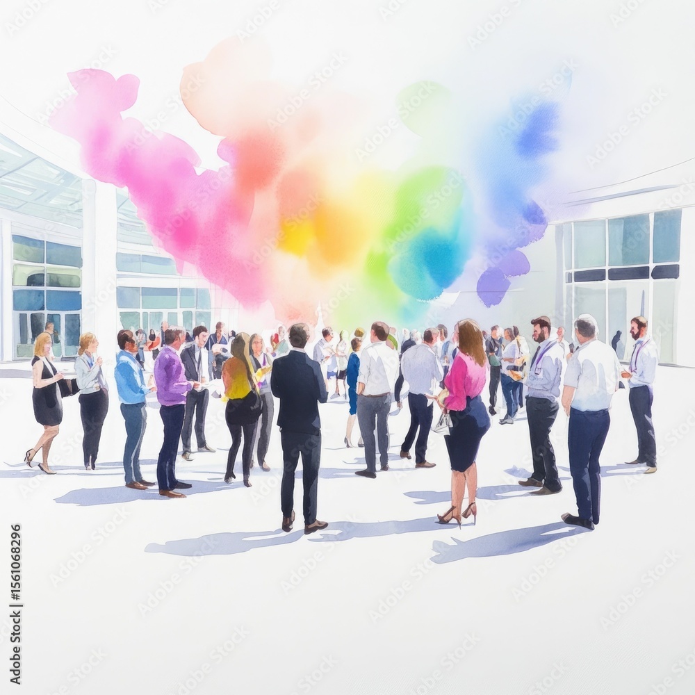 Poster lively watercolor depiction of a business conference attendees networking and connecting in a vibran