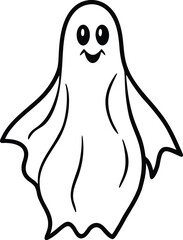 Ghost Silhouette Line Art Vector Illustration With Happy Face On White Background