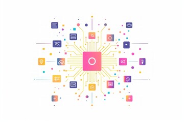 Obraz premium Connected World: A vibrant central node radiating interconnected technology icons, illustrating global connectivity and digital communication in a contemporary design.