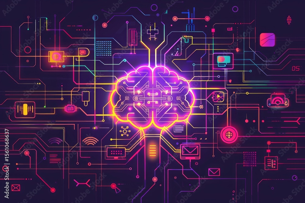 Aufkleber neural network brain: a vibrant illustration of a human brain, depicted as a complex neural network 