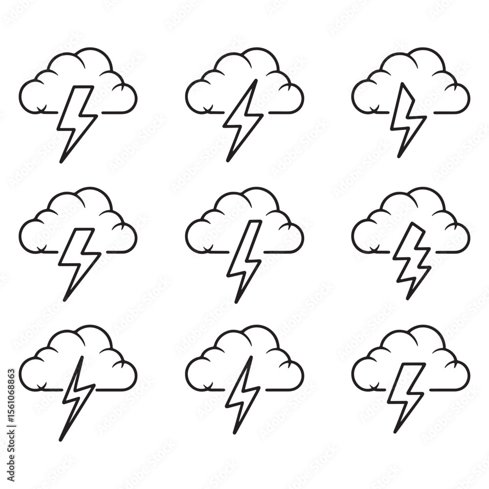 Poster line art depiction of storm clouds with lightning bolts illustrating weather concepts and meteorolog