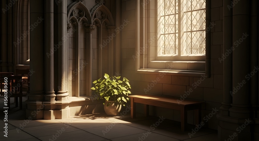 Poster interior scene with a window casting light on a potted plant and wooden bench creating a serene atmo