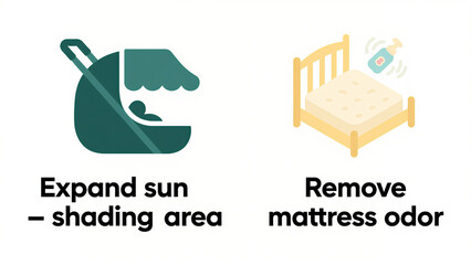 Cart sunshade extension and mattress deodorization icon, representing the expansion of sunshade range and removal of mattress odor, used for baby care and home scenes.
