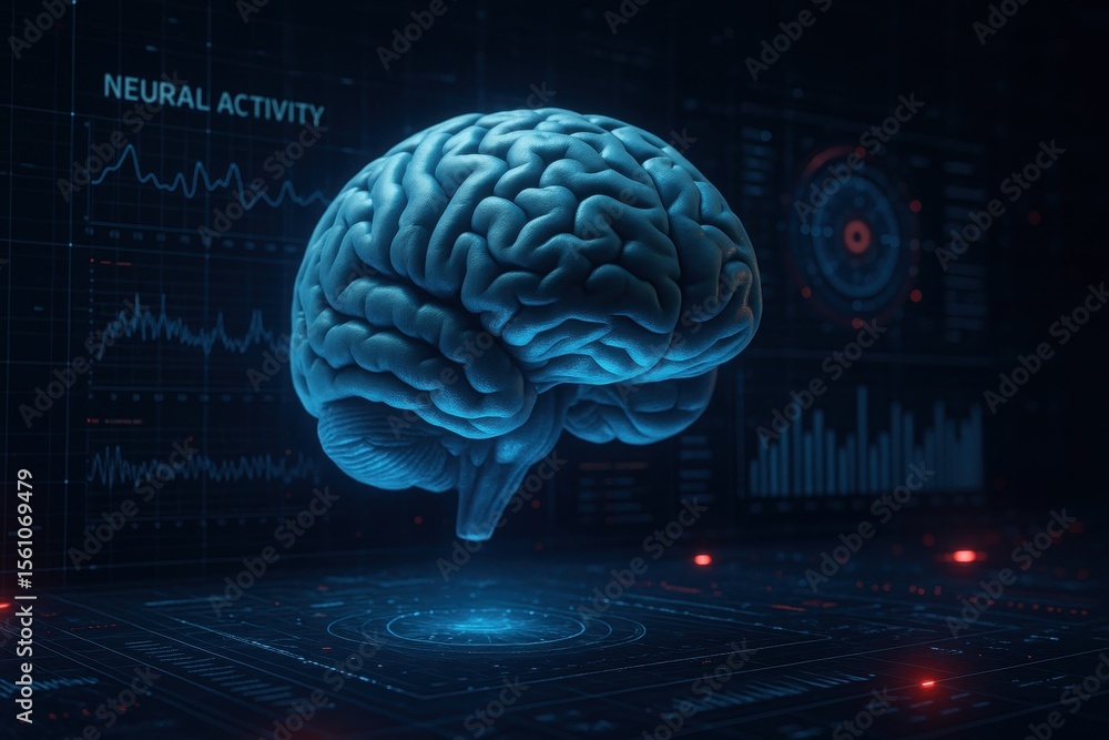 Poster mind's digital frontier: a captivating digital rendering unveils a human brain, illuminated within a