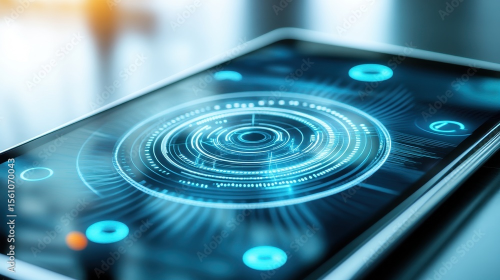Poster close-up of a futuristic user interface on a tablet.