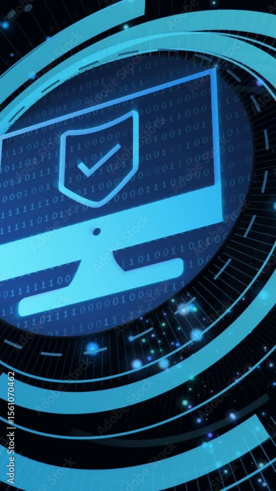 Poster animation of computer circuit board with data processing and digital icon with security shield