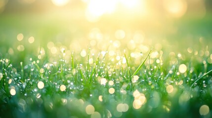 Obraz premium Dewy grass field bathed in sunrise light