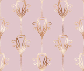 Art deco floral seamless pattern with gold fan tiles.