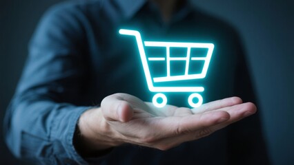 Person Holding Glowing Digital Shopping Cart Icon Online Shopping E Commerce Concept Futuristic Technology