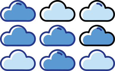 Collection of Nine Cloud Icons with Varied Color and Outline Styles
