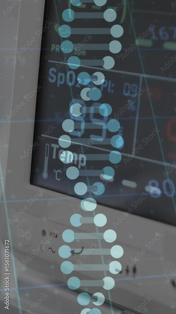 Poster animation of dna and data processing on monitor in hospital