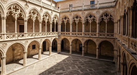 Obraz premium Intricate Stone Courtyard Architecture With Arched Walkways and Dramatic Shadows