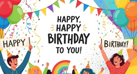 Fototapeta premium Happy Happy Birthday To You Celebration with Balloons Confetti and Party Hats
