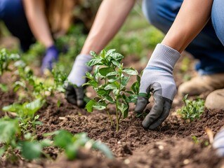 People planting trees or working in community garden promoting local food production and habitat restoration, concept of Sustainability and Community Engagement. - ai