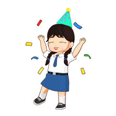 3D cartoon illustration of a joyful girl celebrating with confetti, perfect for content related to parties, birthdays, or happy moments.
