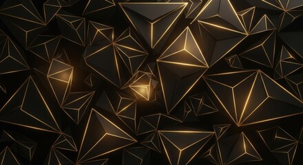 Abstract Geometric Dark Shapes with Golden Edges Glowing Intensely Creating a Futuristic and Luxurious Texture