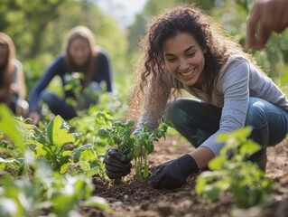 People planting trees or working in community garden promoting local food production and habitat restoration, concept of Sustainability and Community Engagement. - ai