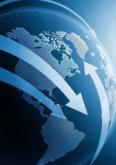 Global business strategy depicted by world map with arrows indicating growth and expansion