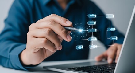 Businessman interacting with digital flowchart on laptop screen representing data analysis and technology