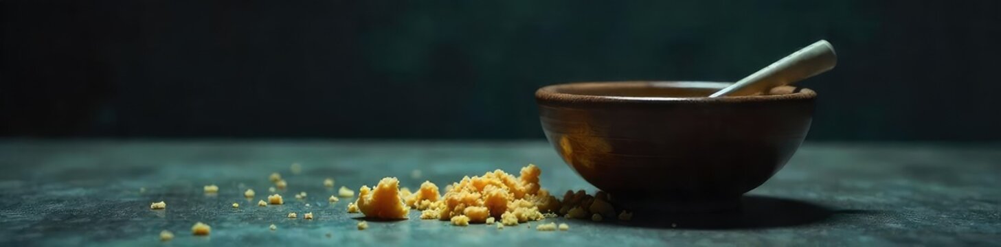Empty bowl, leftover crumbs, dim lighting, conveying feelings of emptiness and lack of appetite despite physical hunger, symbolizing depression's impact on basic needs , silence, bulimia