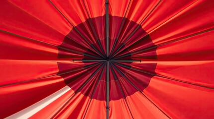 A red umbrella with a black center, showcasing its design while standing against a plain backdrop.