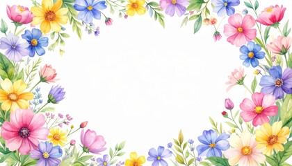 Spring floral frame with colorful blooming flowers and green leaves, a beautiful nature border illustration