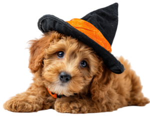 Adorable puppy poodle wearing witch hat, showcasing playful and charming expression. This cute dog is perfect for Halloween themed imagery and pet lovers alike